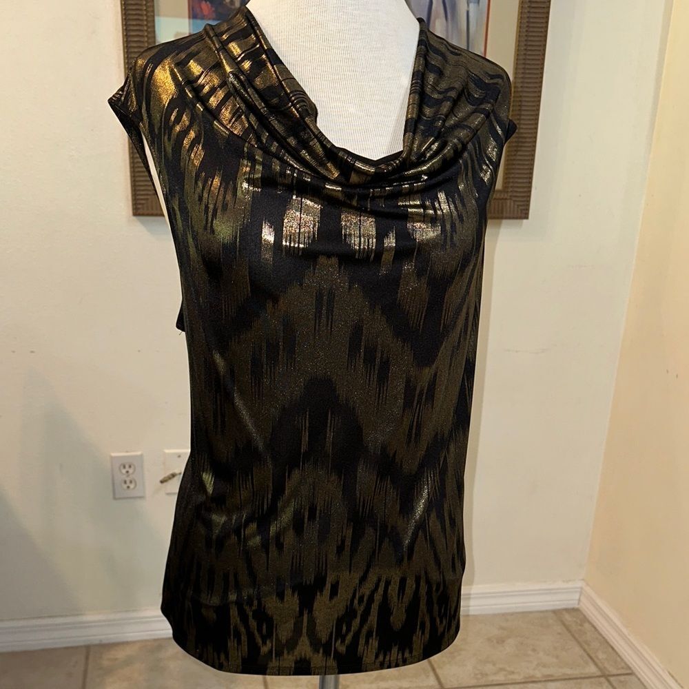 TOP - NWOT NY COLLECTION Black/ Gold Shimmery Cowl Neck Sleeveless Size XL